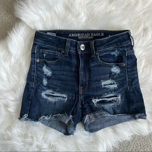American Eagle hi rise distressed patchwork dark blue denim shorts w stretch